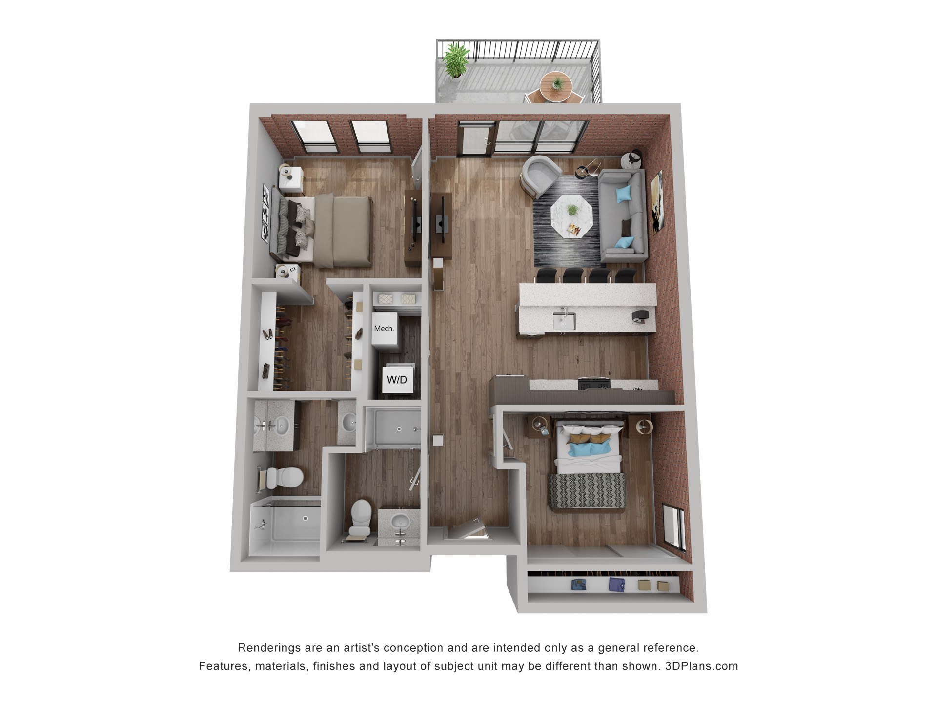 Floor plan for 2 beds, 2 baths, 954 sqft